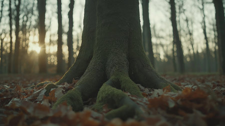 Tree roots in the autumn forest. Sunset in the forest. Beautiful landscape.の素材