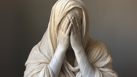 Portrait of a woman in a veil covering her face with her handsの素材