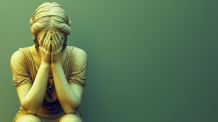 Sad woman sitting on the floor and covering her face with her handsの素材