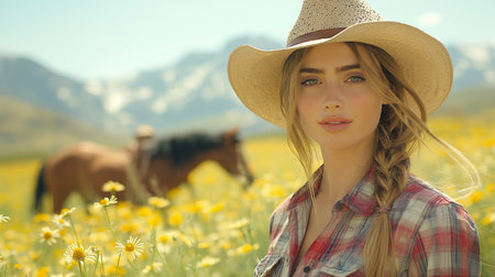 Beautiful girl in cowboy hat and plaid shirt on camomile fieldの素材