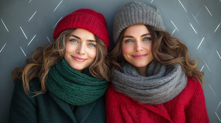 Portrait of two women in winter clothes against grey background with vignetteの素材