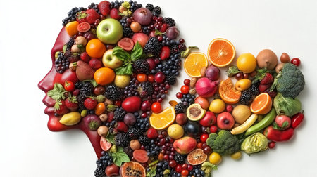 Human head made of fruits and vegetables on white background. Healthy food conceptの素材