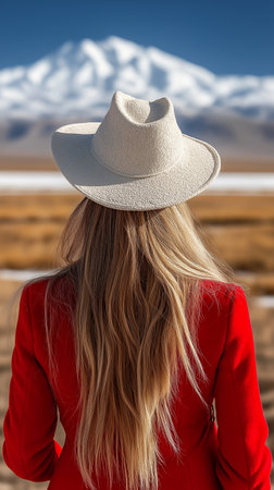 Blonde woman in red coat and white hat on a background of mountainsの素材