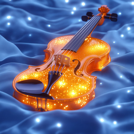 3d render of violin on blue background with bokeh lightsの素材