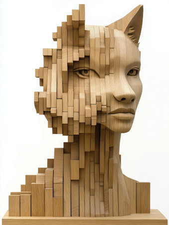 Wooden sculpture of a woman's head. 3D rendering.の素材