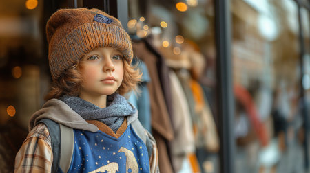 Portrait of a boy in a hat and scarf in the shop windowの素材