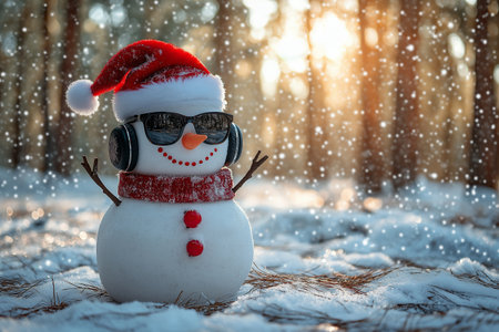 Funny snowman in red santa hat and sunglasses in winter forest.の素材