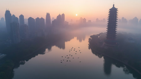 Aerial view of Huangpu river in Shanghai, China during sunriseの素材