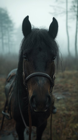 Portrait of a black horse in a dark foggy forest.の素材