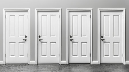 3d rendering of three white doors in a room with concrete floorの素材