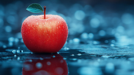 Red apple with water drops on a black background. Shallow depth of field.の素材
