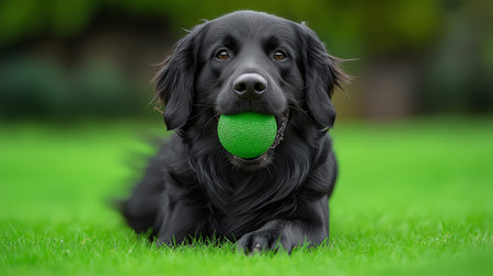 Portrait of a cute black dog playing with a green ball in the gardenの素材