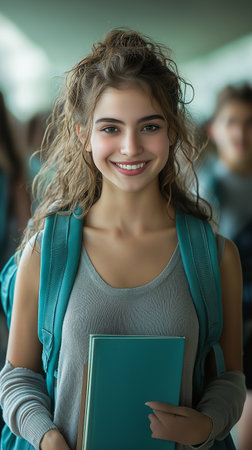 Portrait of a smiling young female student holding a book and looking at cameraの素材