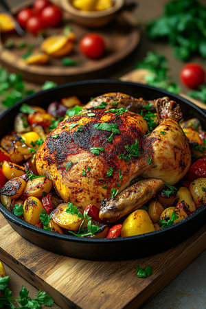 Baked chicken with potatoes and tomatoes in a cast-iron frying panの素材