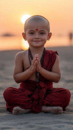 Little monk sitting in lotus position on the sand during sunset.の素材