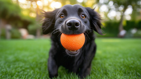 Cute black dog playing with an orange ball in the garden.の素材