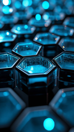Close up of hexagons in blue light. Shallow depth of field.の素材