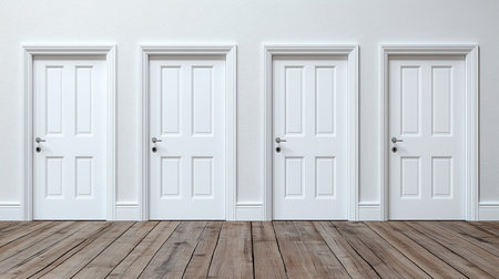 3d rendering of white door with wood floor and white wall backgroundの素材
