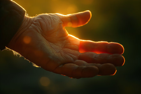 Hand of a man with open palm on sunset background, close upの素材