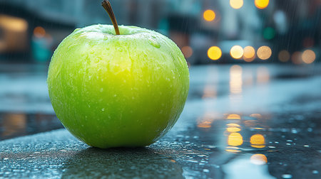 Green apple with rain drops on the background of the city street.の素材