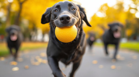 Cute black labrador retriever playing with yellow ball in autumn parkの素材