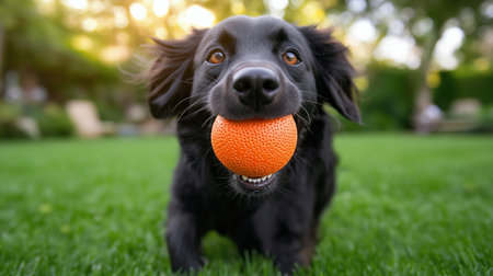 Cute black dog playing with an orange ball in the garden.の素材