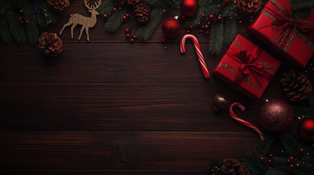 Christmas decoration on wooden background. Top view with copy space. Flat layの素材