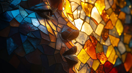 Colorful stained glass window in the shape of a human face.の素材