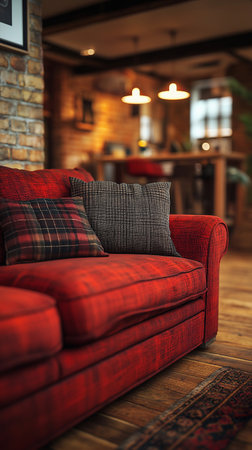 Interior of a modern living room with red sofa and brick wallの素材