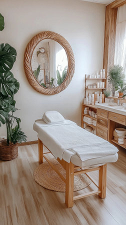 Spa massage room interior with wooden massage table and mirror, stock photoの素材