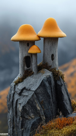 mushrooms on a tree stump in the forest. 3d illustrationの素材