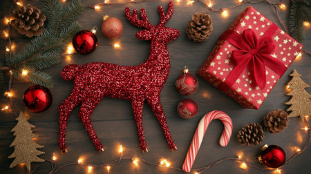 Christmas decoration with reindeer and gift box on wooden background.の素材