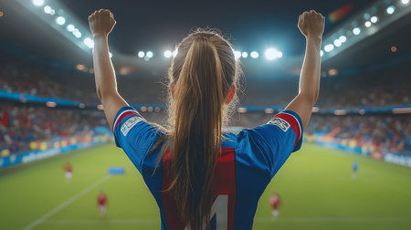 Back view of a female soccer player celebrating a goal in a stadiumの素材