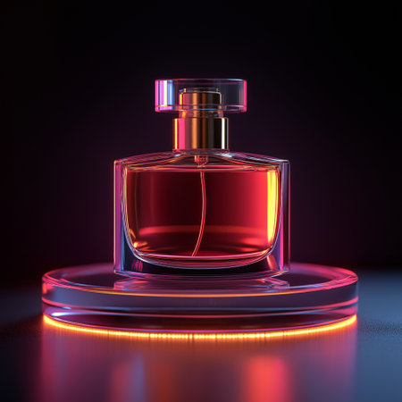 Perfume bottle on a dark background. 3D illustration.の素材