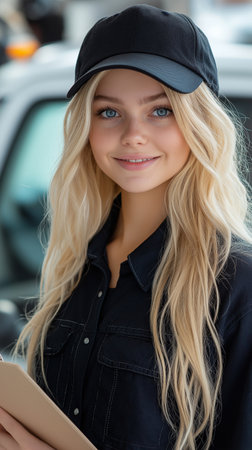 portrait of smiling girl in cap looking at camera and holding digital tabletの素材