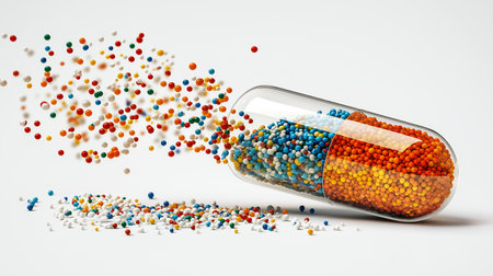 Capsule with colorful pills on white background. 3D renderingの素材