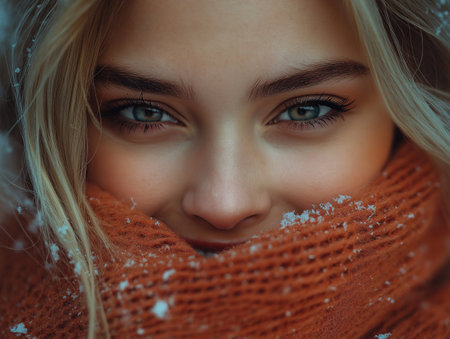 Portrait of a beautiful girl in a warm scarf on a background of snowの素材