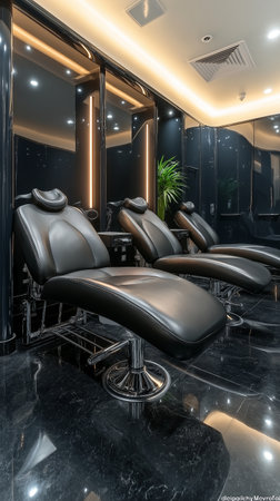 Modern barber shop interior with black leather armchairs and mirrors.の素材