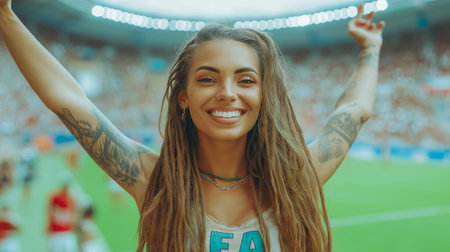 Portrait of a beautiful young woman with tattoo on her arm and smile at the stadiumの素材