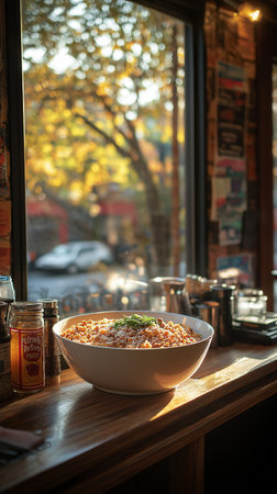 Bowl of Italian pasta in a restaurant. Selective focus.の素材