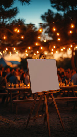 Blank white canvas on easel at evening outdoor party. Mock up.の素材