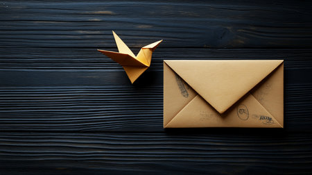 Paper origami bird and envelope on black wooden background, top viewの素材