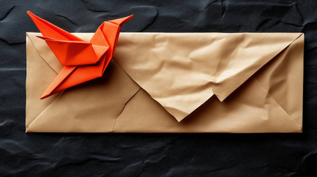Envelope with origami bird on black background, top viewの素材