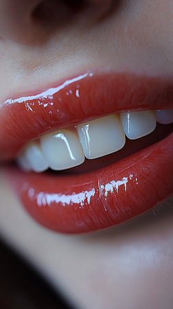 Beautiful female lips with red lipstick. Close-up shot.の素材