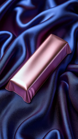 Gold bar on blue satin background. 3d render illustration.の素材