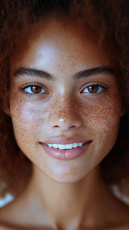 Close up portrait of beautiful young woman with freckles on faceの素材