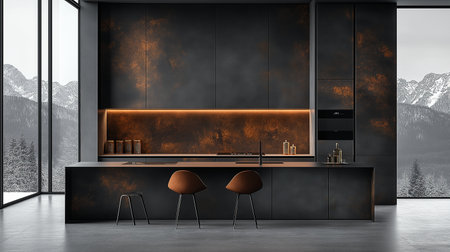 Interior of modern kitchen with black walls, concrete floor, gray countertops with built in sink and cooker and bar with stools. 3d renderingの素材