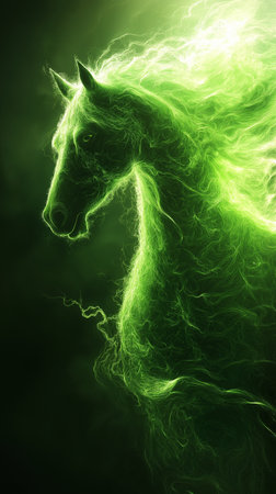 Horse in green smoke on black background. Fantasy fractal art. 3D rendering.の素材