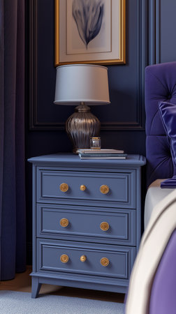 Lamp on a blue chest of drawers in a modern bedroomの素材