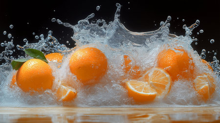 Fresh oranges with water splash on black background. Orange slices in water splash.の素材